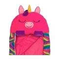 Almohada, Peluche y Saco para Dormir en Uno - Fucsia 2 Saco de dormir unicornio fucsia con almohada y peluche integrado, acercamiento a cabecera. Napoles Novedades